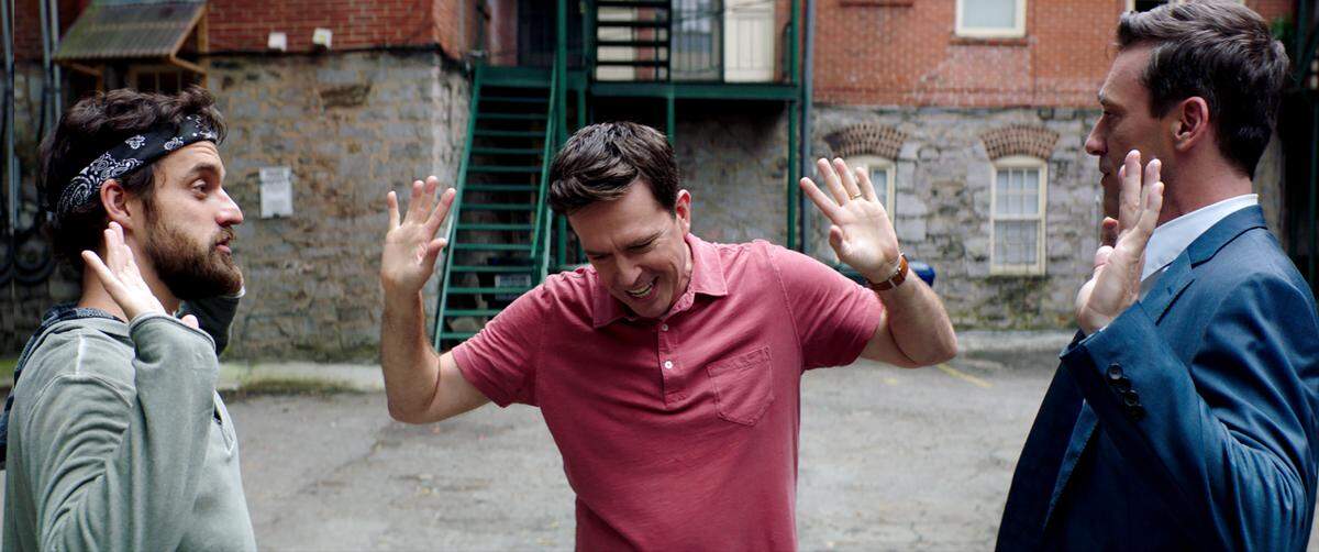 Jake Johnson as Randy "Chilli" Cilliano, Ed Helms as Hogan "Hoagie" Malloy and Jon Hamm as Bob Callahan in New Line Cinema's comedy "Tag," a Warner Bros. Pictures release.