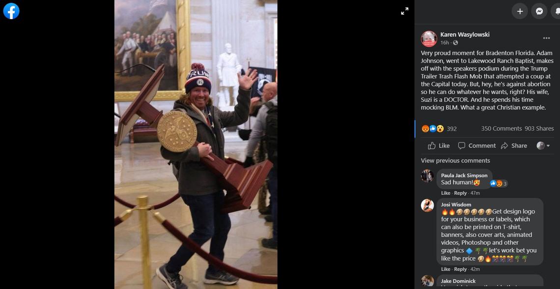 Adam Christian Johnson, 36, of Parrish has been identified as the man carrying a U.S. House lectern during a pro-Trump riot at the U.S. Capitol on Wednesday. This is a screenshot of one of several posts found on social media.