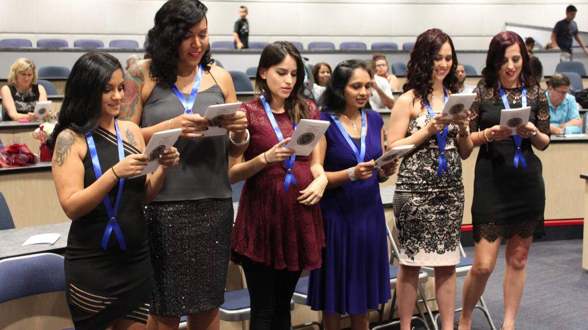 Manatee Technical College Class President Jeminii Brown and fellow graduates Sarah DeGaetano, Jenah Furtaw, Manoella Gomez, Brittney Lesperence, Avani Patel and Shawnta Pittman. 
 PHOTO PROVIDED