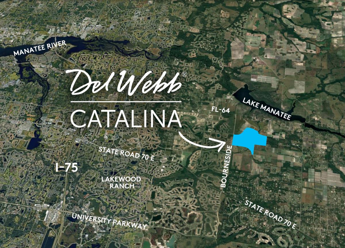 A provided rendering shows where Del Webb Catalina will be developed, south of Lake Manatee on the east side of Bourneside Boulevard.