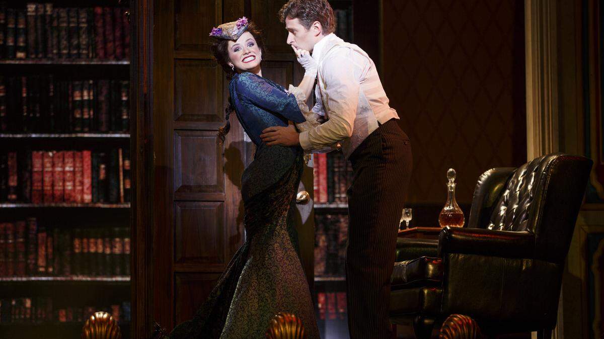 National Touring Company. The cast with Kevin Massey as Monty Navarro and Adrienne Eller as Phoebe D'Ysquith in a scene from "A Gentleman's Guide to Love & Murder." Photo credit: Joan Marcus.