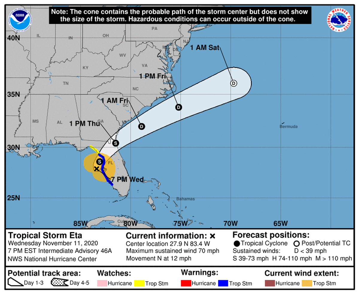 The forecast cone for Tropical Storm Eta including watches and warnings from the National Hurricane Center’s 7 p.m. advisory.