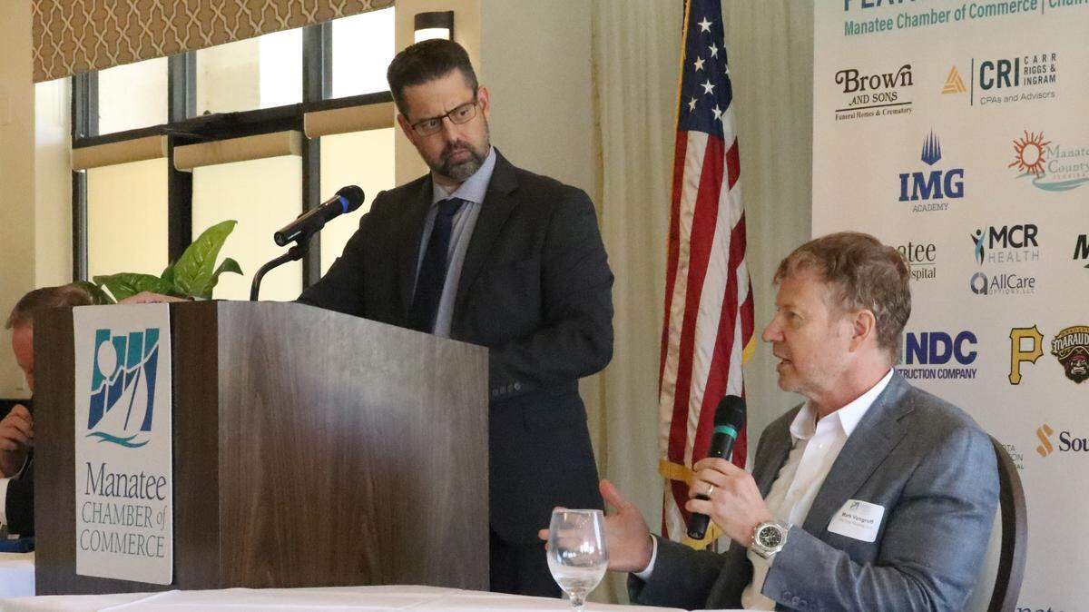 Mark Vengroff of One Stop Housing discusses a corporate partnership that he is working on to develop a workforce housing village in Manatee County while panel moderator Ben Bakker looks on. Vengroff was part of a Manatee Chamber of Commerce panel that discussed the Bradenton area’s affordable housing crisis 5/10/2023 at Palm-Aire Country Club.