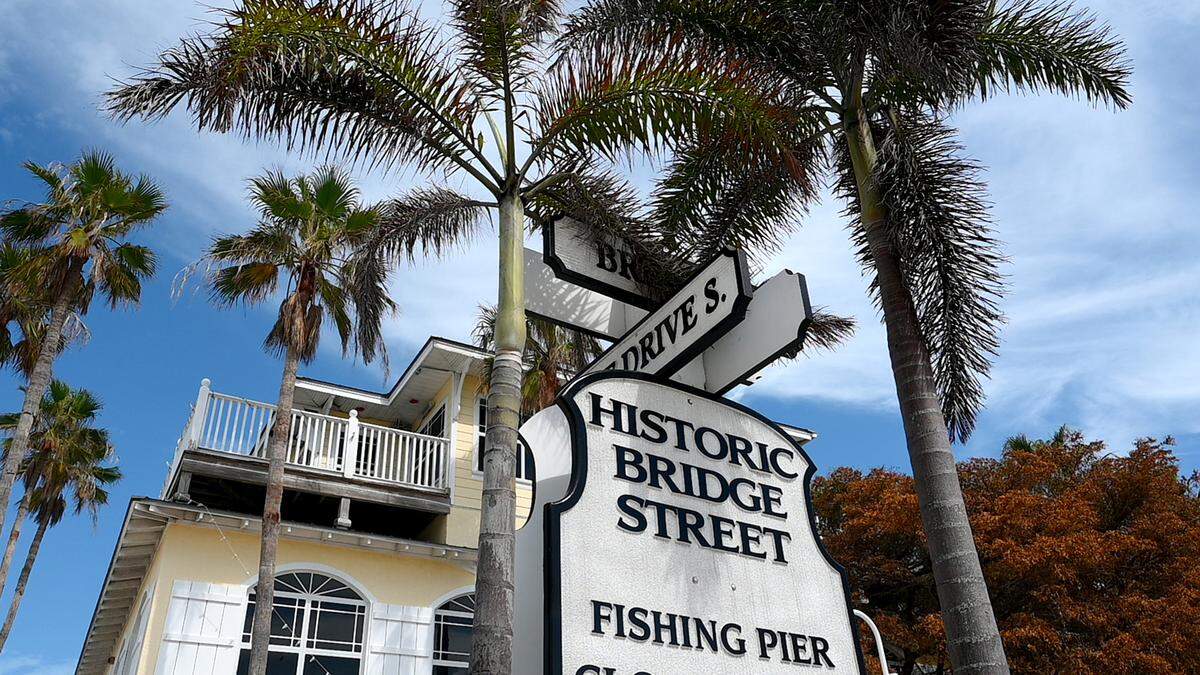 Historic Bridge Street sign in Bradenton Beach after Hurricane Helene on Oct. 2, 2024.