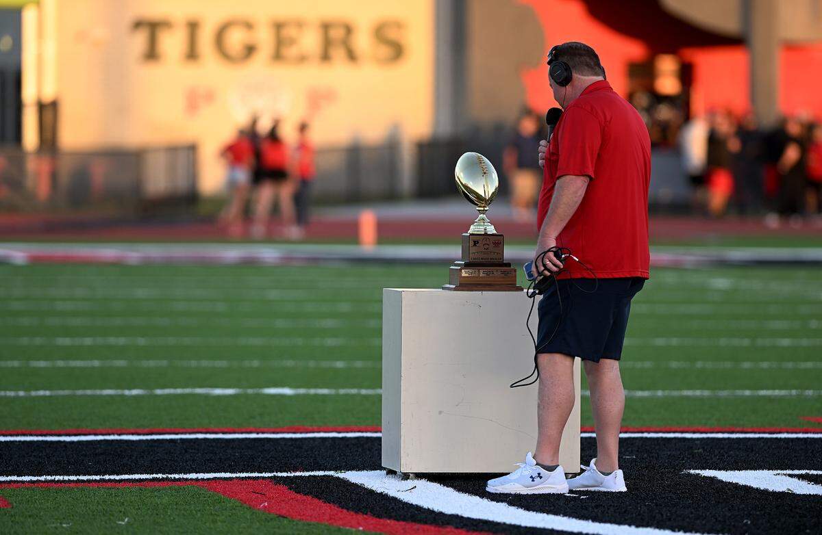 Bradenton Mayor Gene Brown on the field before the football game between Manatee and Palmetto on Friday, Oct. 27, 2023 in Palmetto.