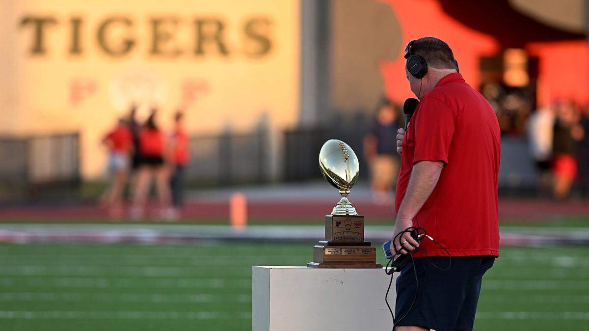 Bradenton Mayor Gene Brown on the field before the football game between Manatee and Palmetto on Friday, Oct. 27, 2023 in Palmetto.