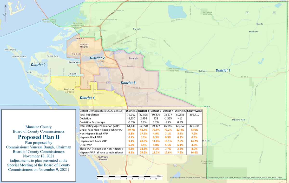The Manatee Board of County Commissioners is seeking public feedback on two proposed redistricting draft maps. Commissioner Vanessa Baugh’s map is shown here.