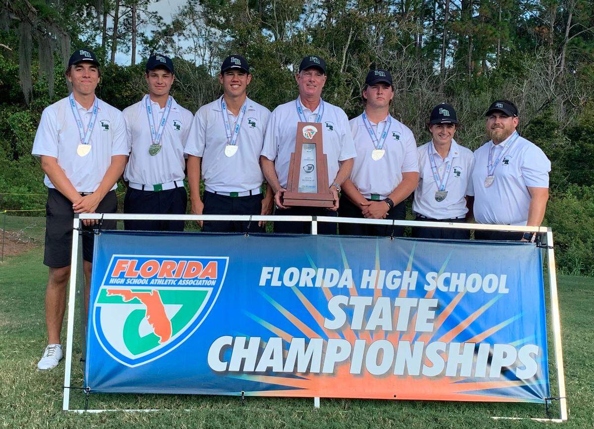 Lakewood Ranch’s boys golf team finished runner-up at the Class 3A state golf tournament held November 10-11, 2023 at Mission Inn Golf and Resort in Howey-in-the-Hills. Pictured from left to right: Luke Wilson, Max Colby Bendixen, Parker Severs, head coach Dave Frantz, Henry Burbee, Josh Orgen, Assistant Coach Brian Ross