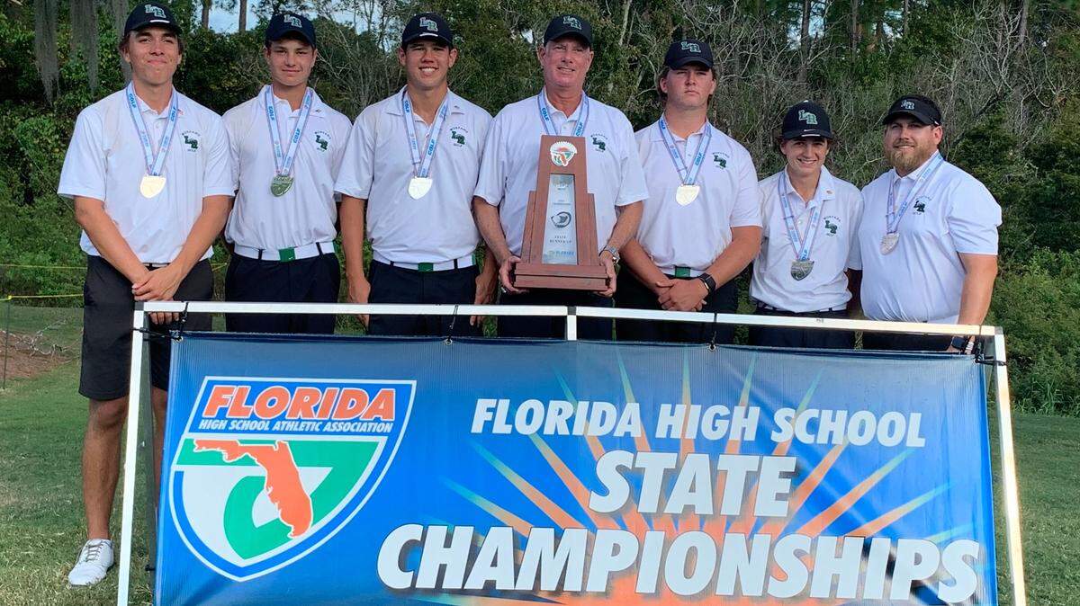 Lakewood Ranch’s boys golf team finished runner-up at the Class 3A state golf tournament held November 10-11, 2023 at Mission Inn Golf and Resort in Howey-in-the-Hills. Pictured from left to right: Luke Wilson, Max Colby Bendixen, Parker Severs, head coach Dave Frantz, Henry Burbee, Josh Orgen, Assistant Coach Brian Ross