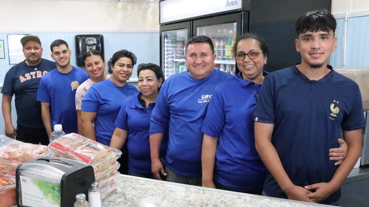 The staff at Maria’s Pupusas & Tacos, 4832 Cortez Road W., Bradenton, includes, from left, Amado Figueroa, Hanger Gonzales, Maria Morales, Ana Stanford, Lucia Landaverde, Raul Vasquez, Maria Vasquez and Josue Vasquez.