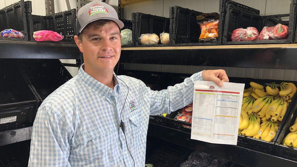 Sam Detwilwer holds up a checklist that customers will be able to use at the Palmetto Detwiler’s Farm Market drive-through express lane that opens on Wednesday.