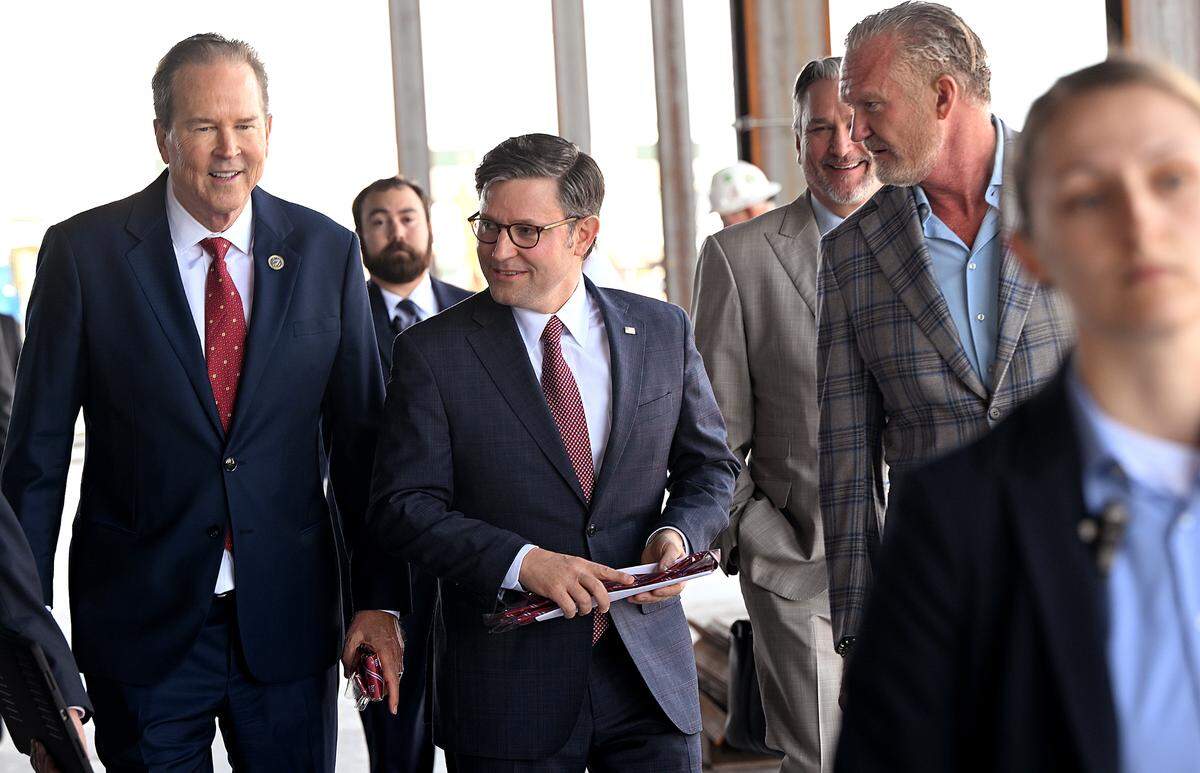House Speaker Mike Johnson, R-La., toured the construction site with U.S. Rep. Vern Buchanan, R-Longboat Key (left) for the $70 million ground-level passenger terminal at Sarasota Bradenton International Airport.