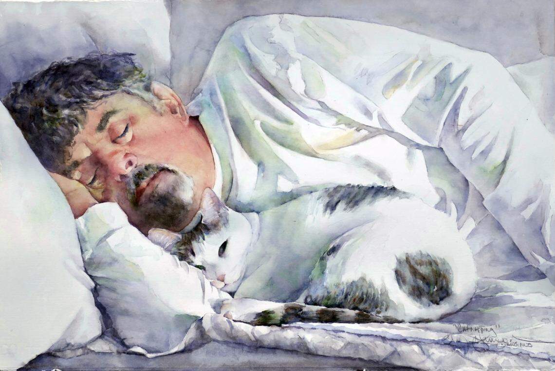 “Catnapping,” by Kim Johnson, is among the 40 paintings on display at ArtCenter Manatee in February and March 2022 as part of the American Watercolor Society’s 154th International Traveling Exhibit.