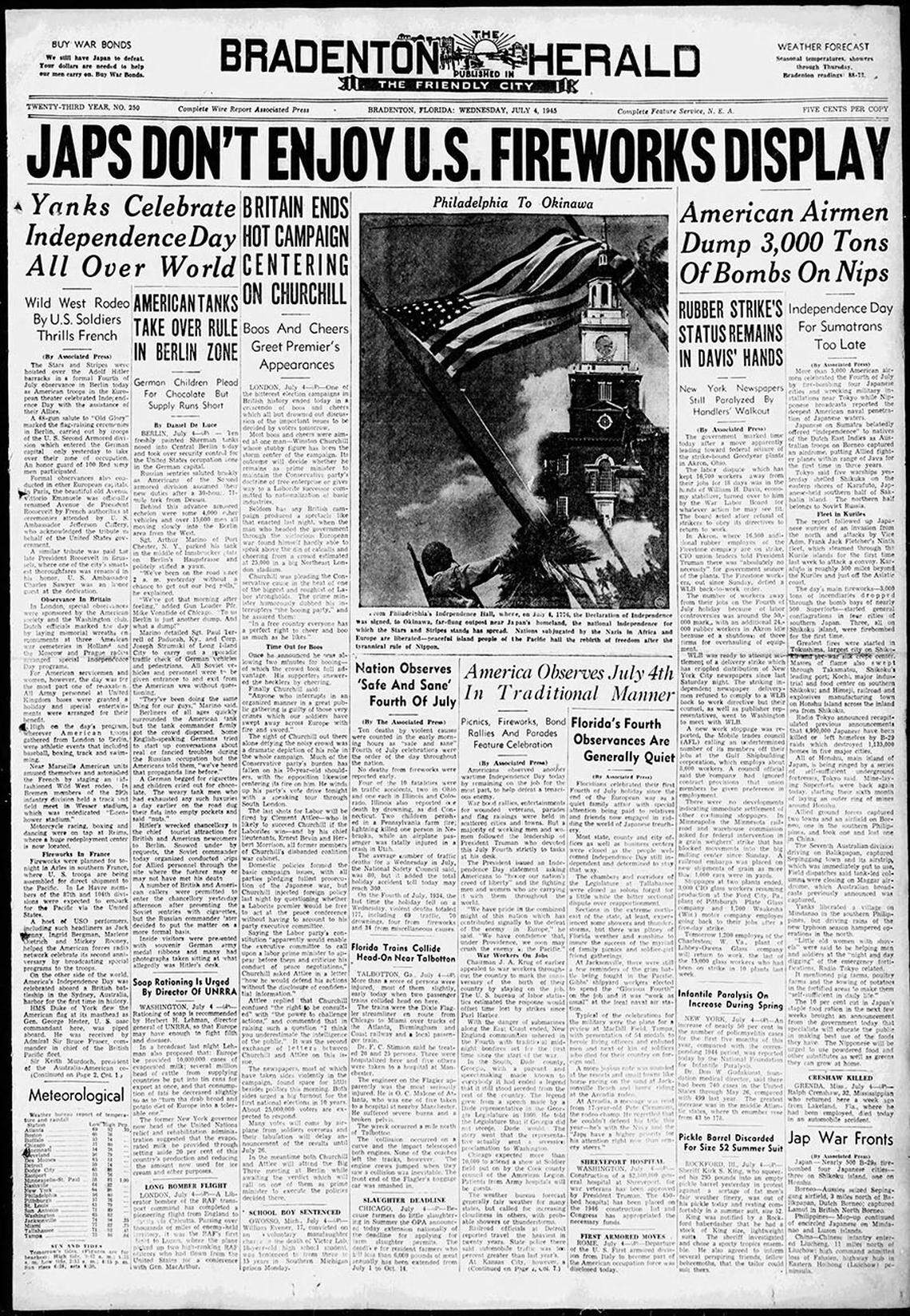 The front page of The Bradenton Herald’s 1945 Fourth of July paper.