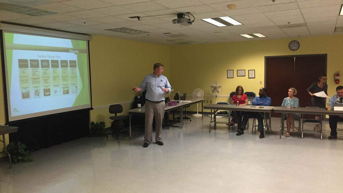 Scott Leopold of DeJong-Richter leads a discussion with the community steering committee Wednesday to help create options for the Manatee County School District to deal with growth.MEGHIN DELANEY / BRADENTON HERALD