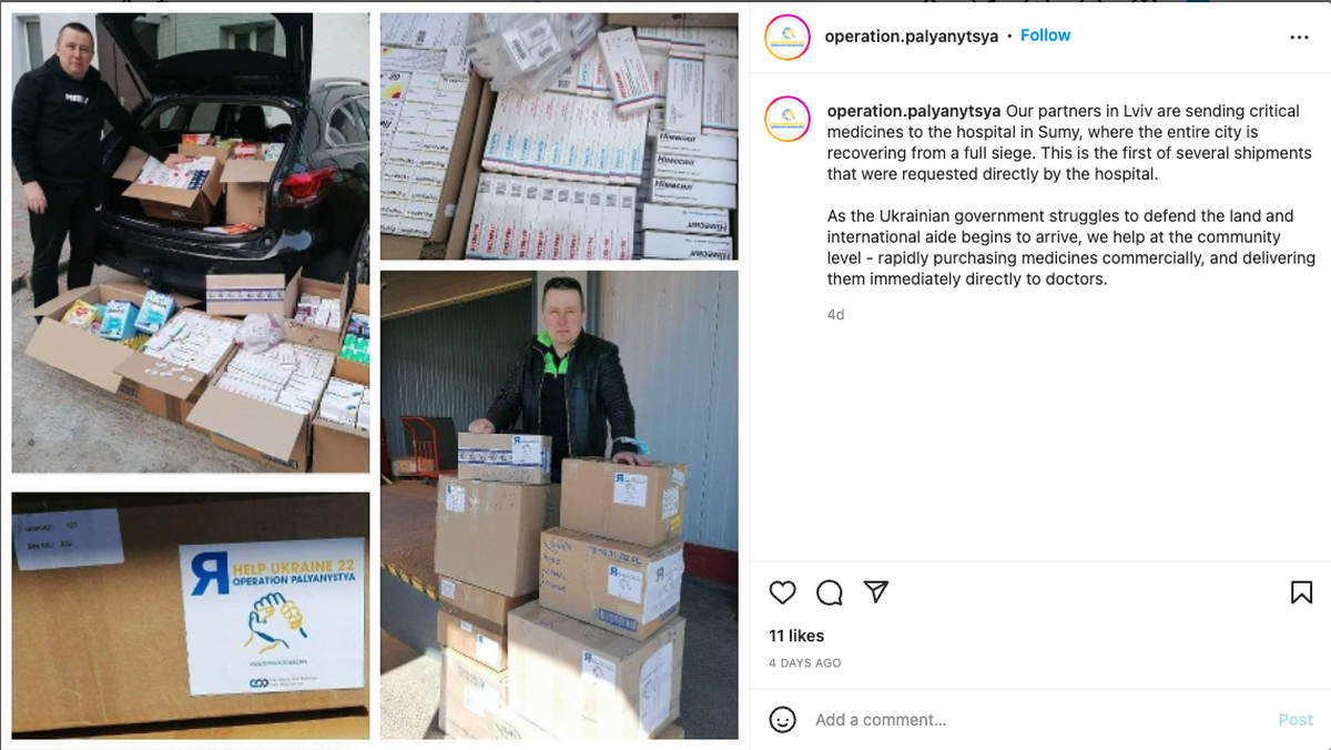 Operation Palyanytsya posted photos of the aid they provide to Ukraine via their Instagram account.