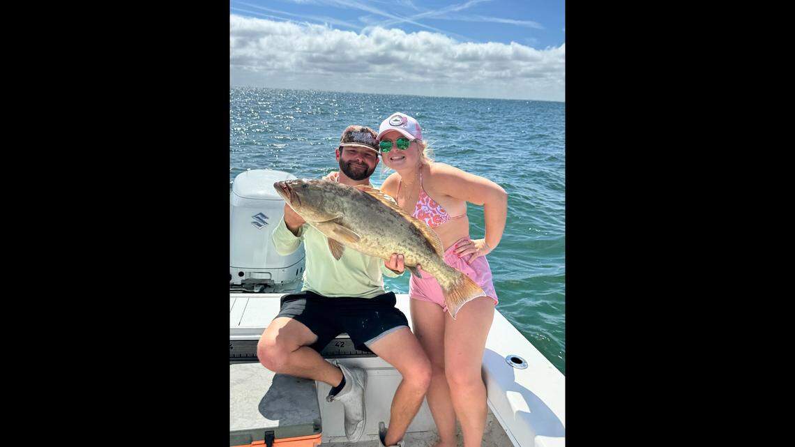 Tanner Field and Mackenzie Field pose with a gag grouper caught on Monday, Sept. 1, 2025, while fishing with captain Mikey Joseph.