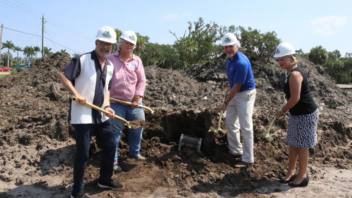 Throwing a few shovels of earth at the groundbreaking for the Ellenton Whiskey Joe’s Bar and Grill on Wednesday were, from left, Specialty Restaurant CEO John Tallichet, County Commissioner Priscilla Trace, Whiskey Joe’s Brand Manager Marty Duffany, and Jacki Dezelski, president and CEO of the Manatee Chamber of Commerce.