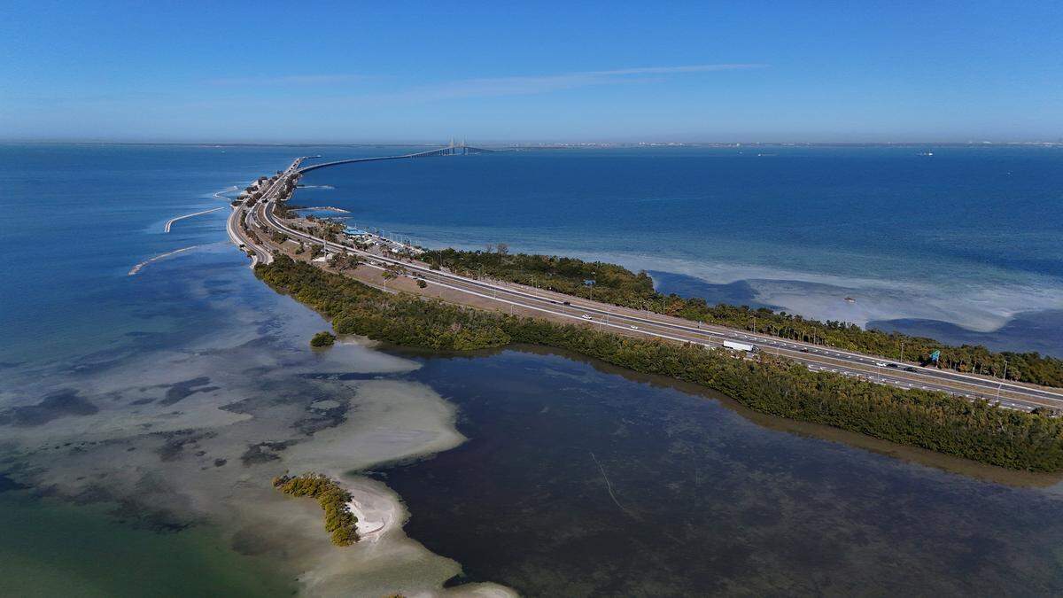 From Paradise Island towards the Sunshine Skyway Bridge on Feb. 9, 2026. A proposed cruise port terminal would bring passengers ashore just south of Interstate 275 on the Manatee County side of the bridge, according to plans filed by Slip Knott LLC. 