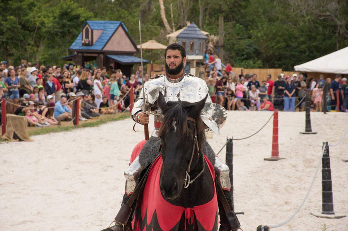 A knight on horseback at the 2017 Sarasota Medieval Festival.