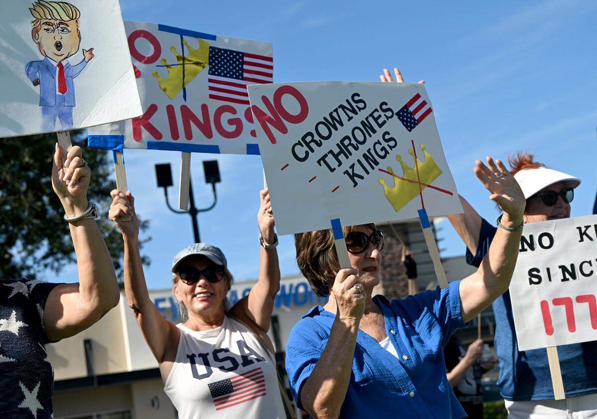 Hundreds attend the No Kings protest organized by Indivisible Manatee near the University Town Center along University Parkway in Sarasota on June 14, 2025.