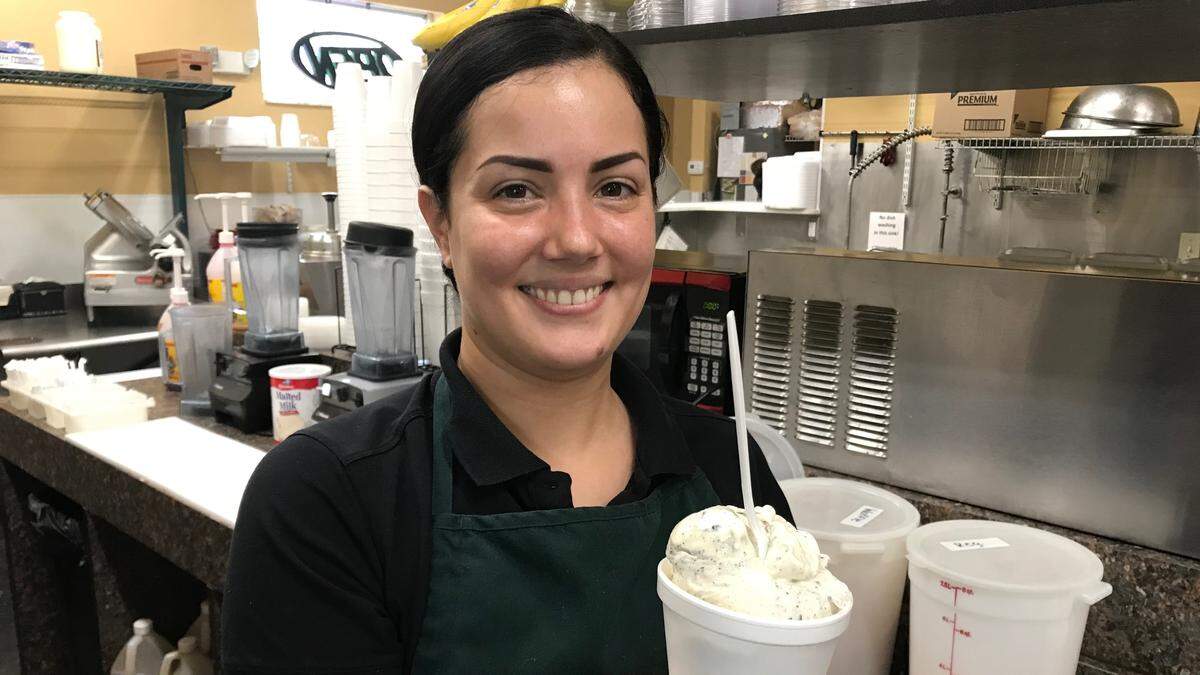 &nbsp;Carmen Montane serves up a Mint Condition Concrete at SweetBerries Eatery & Frozen Custard, 4500 Manatee Ave. W. A Mint Condition is vanilla frozen custard with Andes Mints and crumbled Oreos.