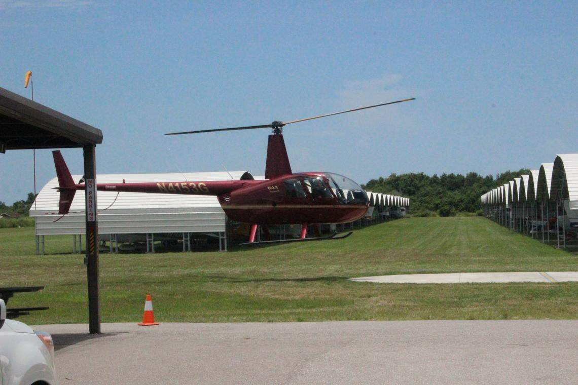A helicopter stopped at Airport Manatee to take on fuel Wednesday.