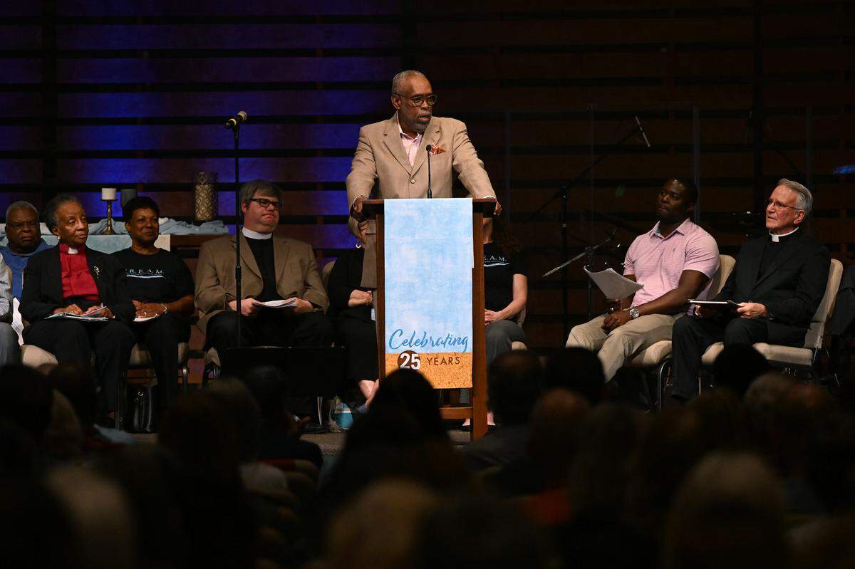 Oswald Reid, of Harvest UMC, speaks during a meeting of STREAM at the Harvest United Methodist Church in Lakewood Ranch to talk about affordable housing and criminal justice reform. The group, Stronger Together Reaching Equality Across Manatee celebrated some housing victories at the meeting but called for more.