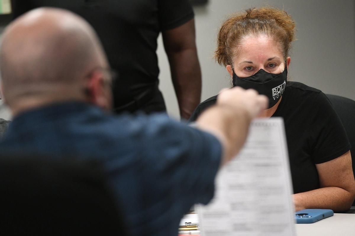 11/23/20--Bridget Mendel reviews votes at the Supervisor of Elections office after Charles Smith, who suffered a 2,000 vote loss to Mayor Shirley Groover Bryant on Election Day for Palmetto mayor, asked for a recount.