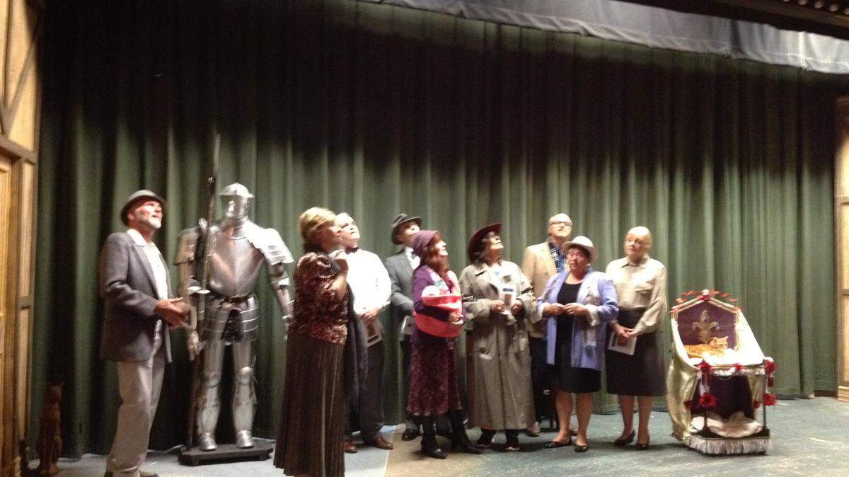 From left, Bruce Witton, Caroline Cox, Daniel Coppinger, Heiko Knipfelburg, Judy Keenan, Bobbie Berger, Brad French, Sue Belvo, Judi King and Murphy the cat star in the Island Players' production of "Lettice and Lovage."PHOTO PROVIDED