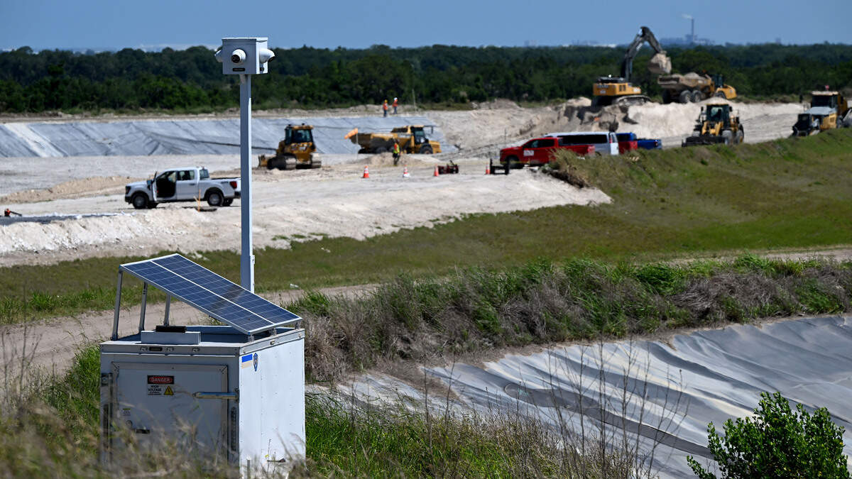 Cameras watch the ponds around the clock as work continues on closing New Gypsum Stack North. Site operators at Piney Point hope to be in the final phase of closing the former phosphate plant, shown on April 15, 2026.