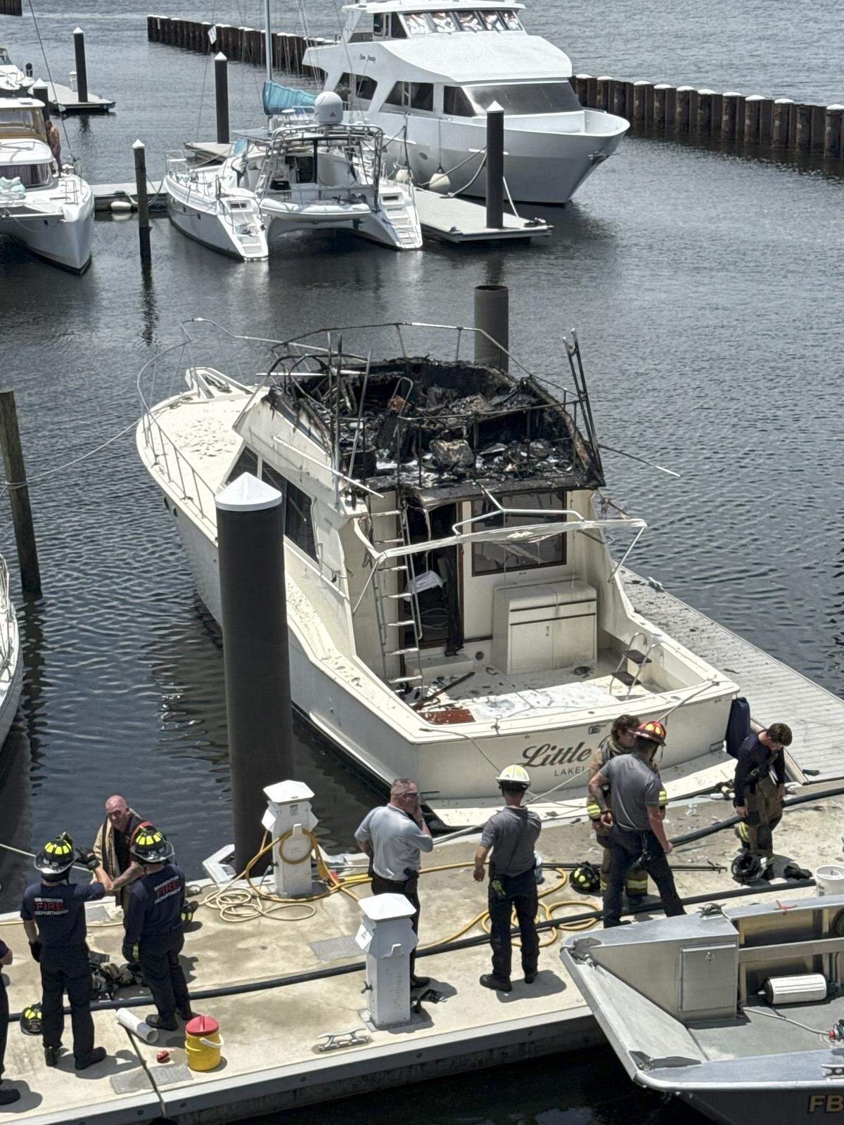 Bradenton Fire Department and City of Bradenton Fire respond to a boat fire at the Twin Dolphin Marina that was reported at about 1:30 on July 14, 2025.
