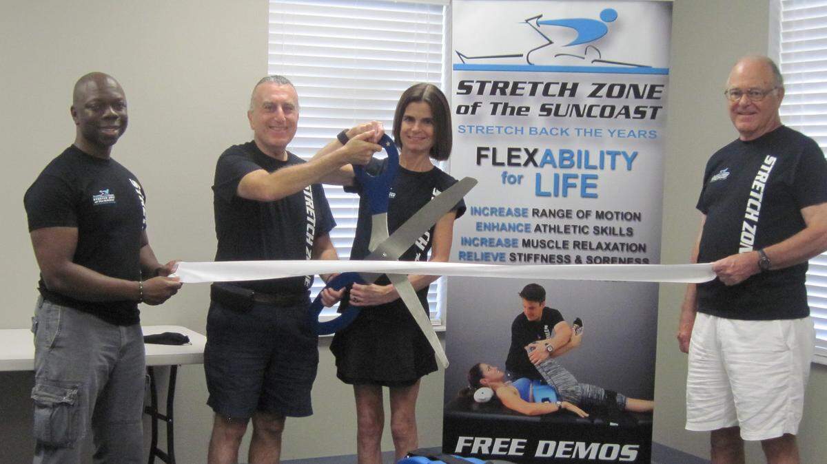 A ribbon cutting was held for Stretch Zone of the Suncoast, 872 62nd St. Circle E., Bradenton. The company offers advanced practitioner-assisted stretching and provides performance enhancement modalities for health practitioners, massage therapists, trainers and athletes using a proven course of innovative stretching techniques. For information, call 941-773-3698 or stretchzoneofthesuncoast.com. 
 Do you have a ribbon cutting you'd like to submit? Send them to Angie Monroe at amonroe@bradenton.com. 
 Photo courtesy of Manatee Chamber of Commerce.