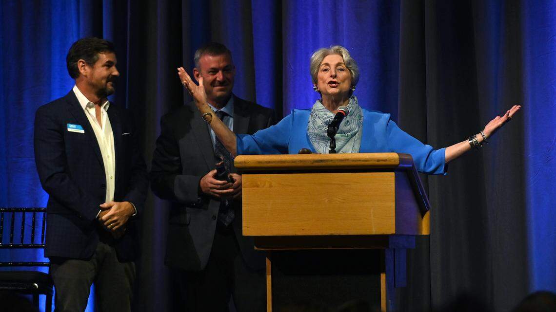 Michael Saunders accepts the Rick Fawley Economic Development Award of Distinction at the annual update for the Bradenton Area Economic Development Corporation luncheon at the Bradenton Area Convention Center in Palmetto, October 28, 2022.