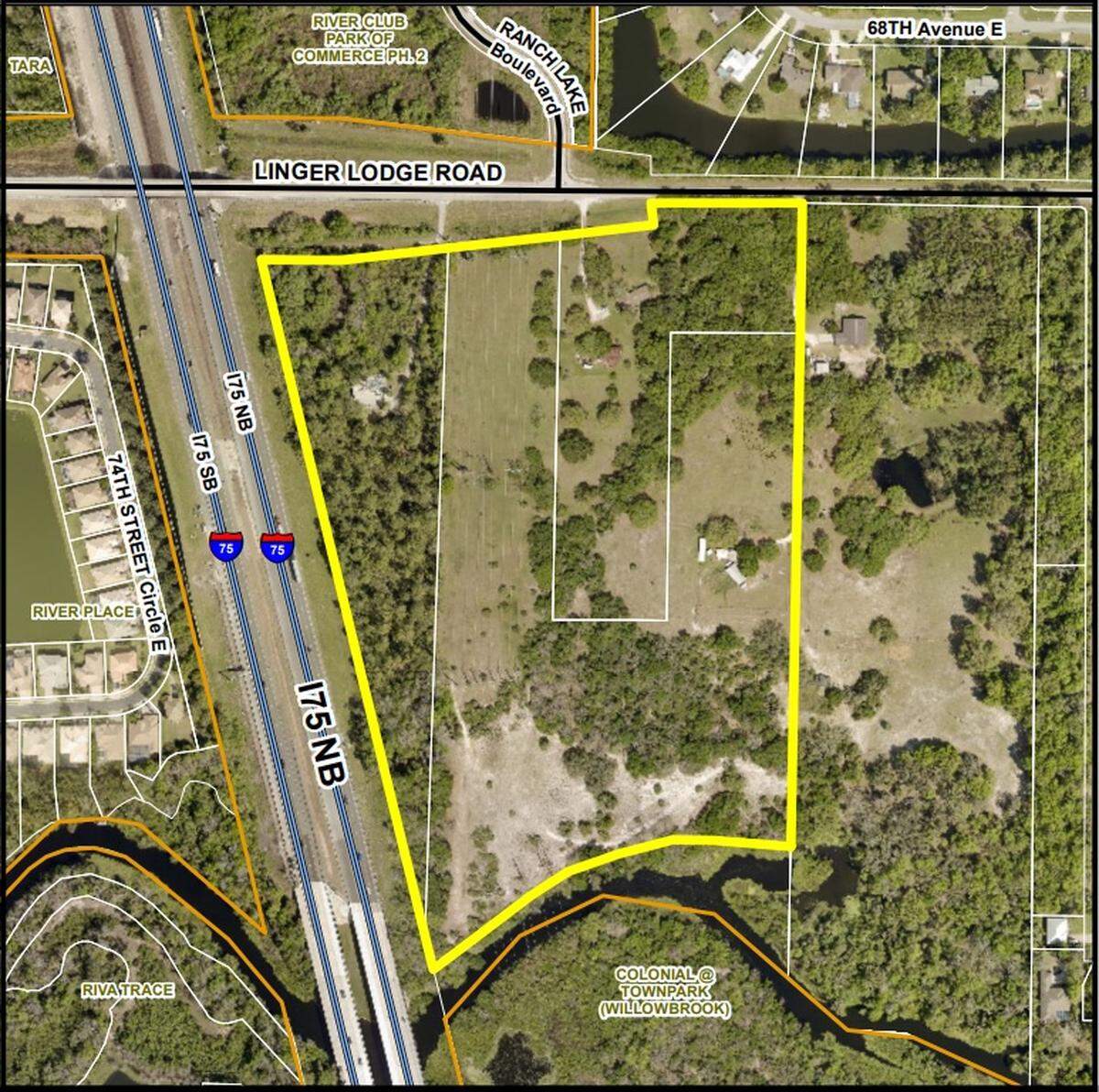 A map shows the piece of wooded land on Linger Lodge Road that commissioners approved Thursday for a land use change to allow a 99 unit townhome project by developer D.R. Horton over protests from residents.