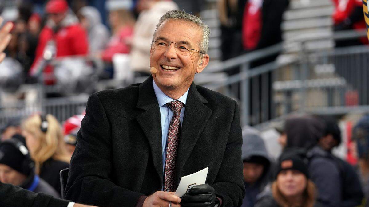 COLUMBUS, OHIO - NOVEMBER 23: Urban Meyer commentates before the game between the Indiana Hoosiers and the Ohio State Buckeyes at Ohio Stadium on November 23, 2024 in Columbus, Ohio. (Photo by Jason Mowry/Getty Images)