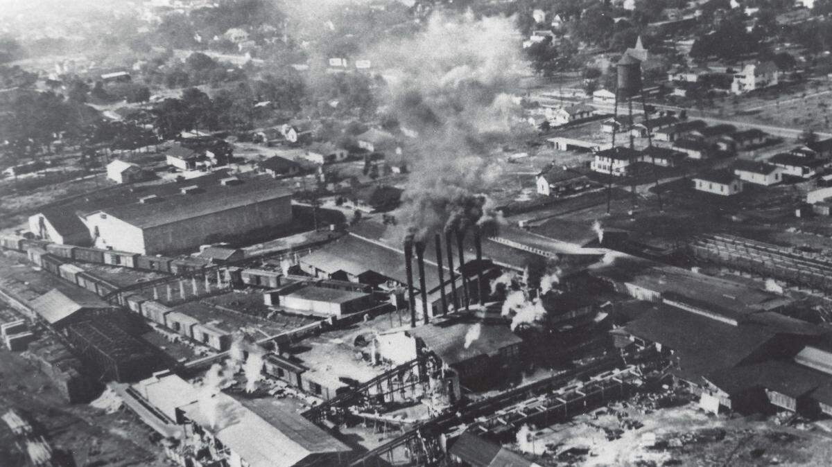 An aerial view of the Manatee Crate Company in the Town of Manatee.