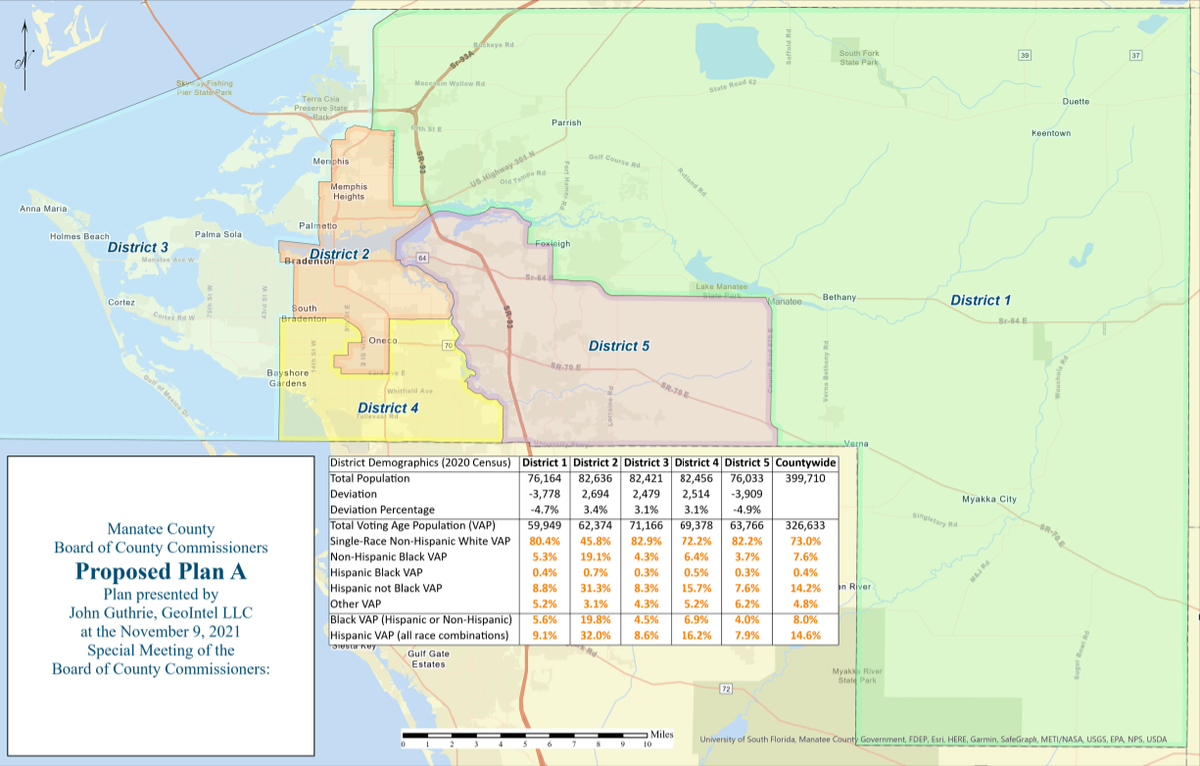 The Manatee Board of County Commissioners is seeking public feedback on two proposed redistricting draft maps. Redistricting consultant John Guthrie’s map is shown here.