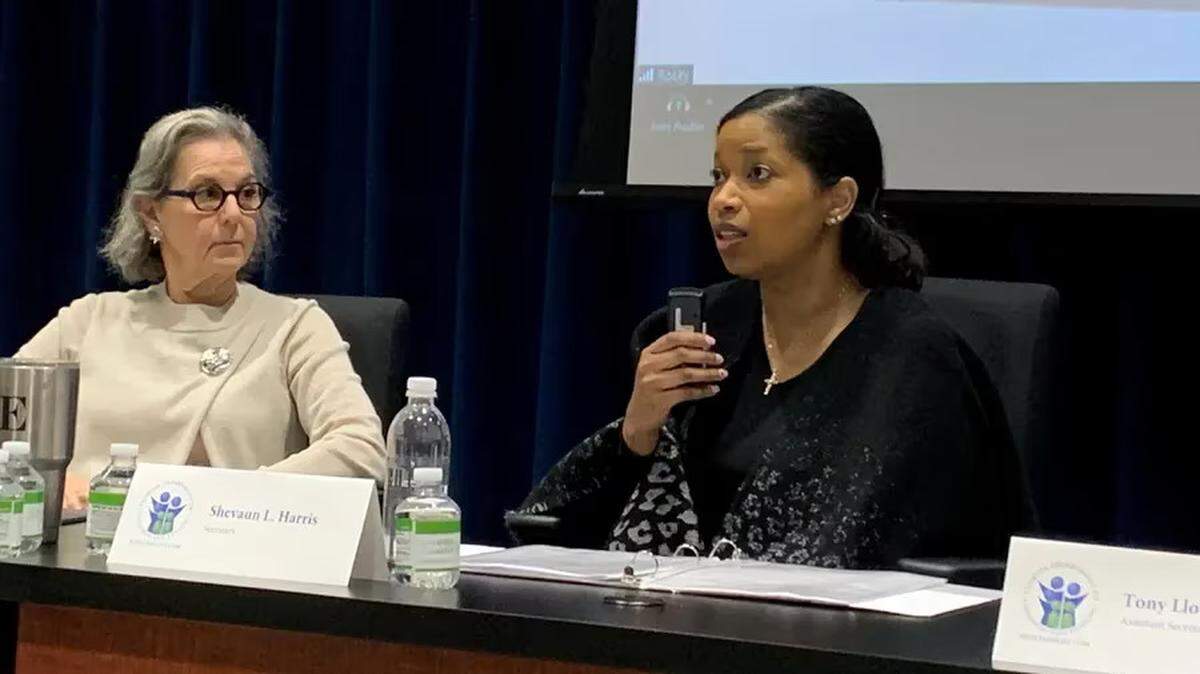 Florida Department of Children and Families Secretary Shevaun Harris, right, speaks at a community meeting earlier this month about the Hillsborough County’s foster care system. At left is Hillsborough Circuit Judge Katherine Essrig. The Florida Department of Children and Families will take over child protective investigative duties from seven local sheriff’s offices, including those in Hillsborough, Pasco, and Pinellas counties, according to a letter dated Friday.