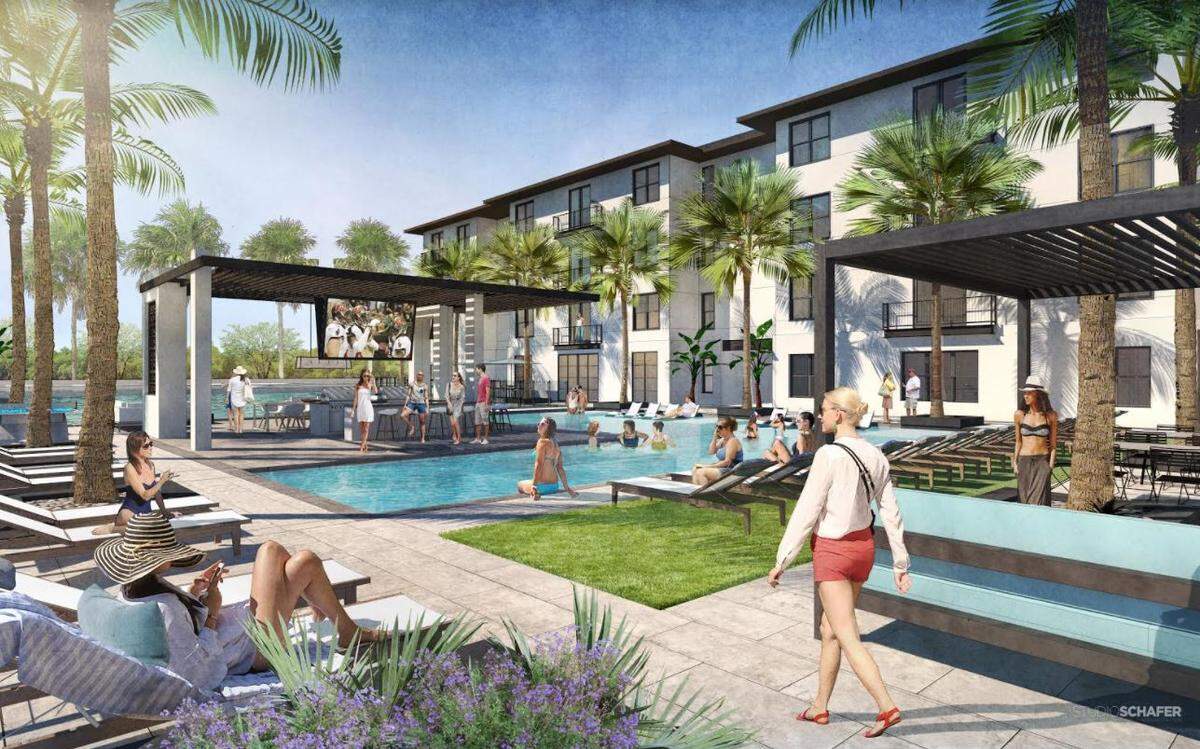 A rendering of the pool area of the Allure Bradenton apartment complex to begin construction in July at 102 Manatee Ave. W.