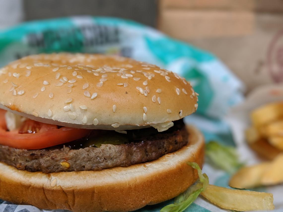 Burger King’s Impossible Whopper, a meat-free burger option, is available at stores nationwide.