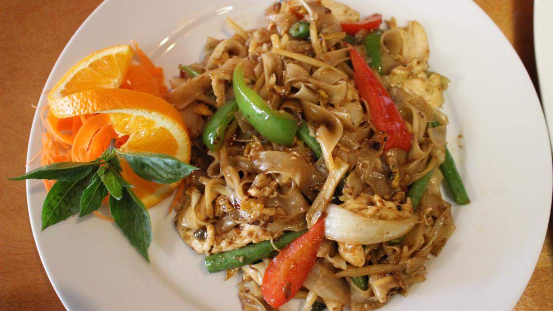 Drunken Noodles (pan-fried flat noodles, egg, broccoli, onion, bell pepper, green beans, bamboo shoots, carrots and basil prepared with a mixture of fresh chili, garlic, and your choice of meat) is a popular choice at Chang Kao Thai Cuisine in Bradenton.