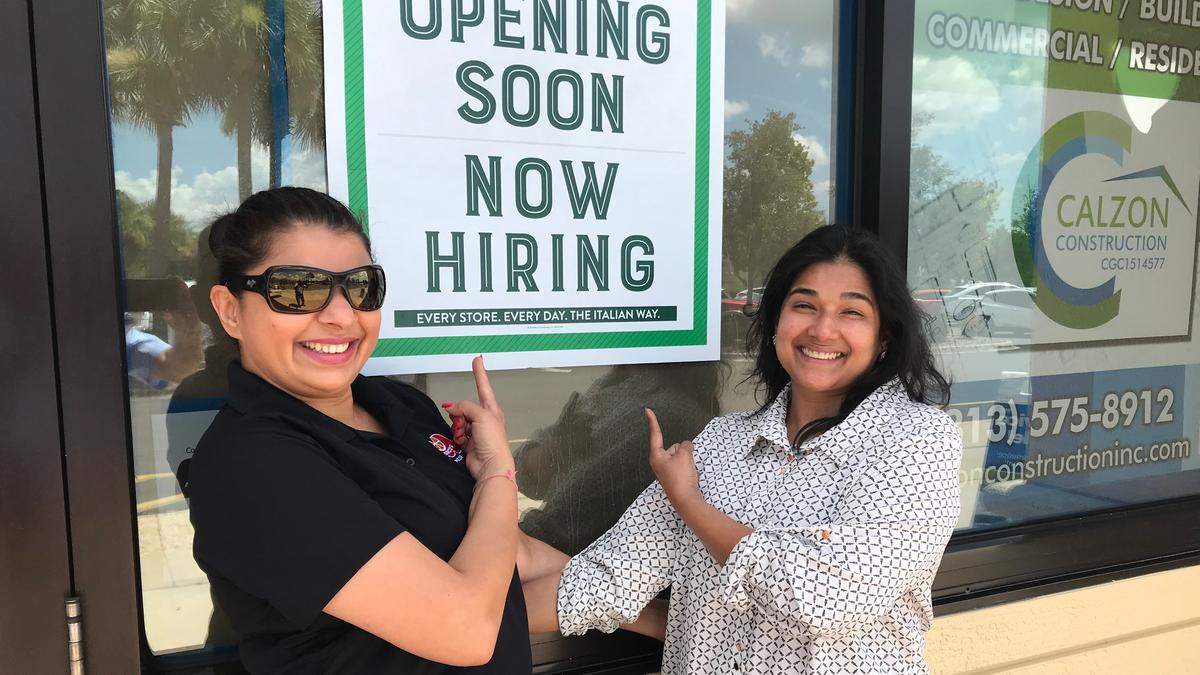 Nehal Shah, left, and Sharmeen Lalwani, owners of a Marco’s Pizza restaurant opening soon at Lakewood Ranch, are intensively recruiting to fill inside and driver positions.