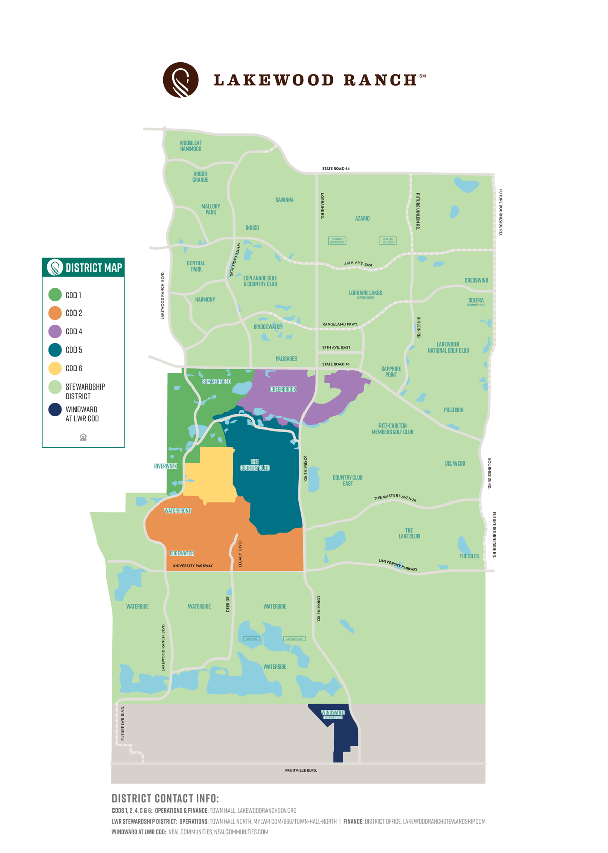 Lakewood Ranch’s massive Stewardship District, in light green, surrounds neighborhoods like Summerfield and the Country Club, which were among the first six villages developed in the master planned community.