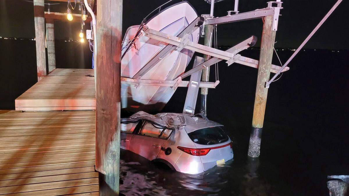 A woman avoided serious injury Monday evening after losing control of her vehicle and launching into a boat dock along the Manatee River, police say.