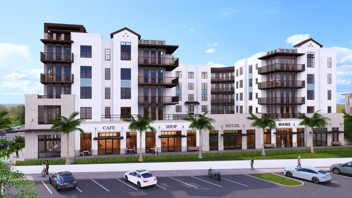 A provided rendering shows the design of the $60 million Marina & Main apartment complex that is expected to be completed in 2028 along Riverside Drive in Palmetto.