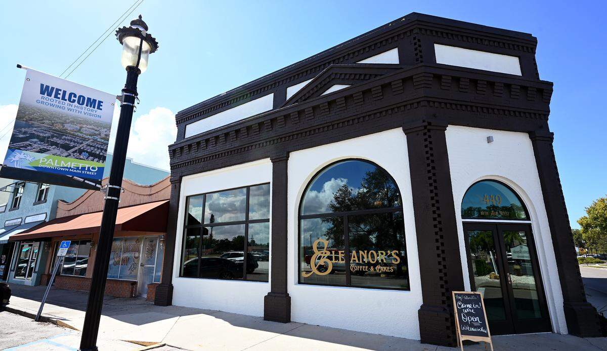 The newly opened Eleanor’s Coffee and Cakes in Palmetto’s historical State Bank building on 10th Ave. W.  on Oct. 21, 2025.