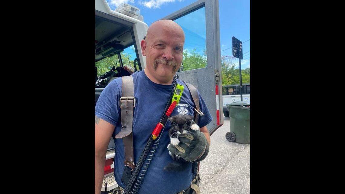 Capt. Robert Ulrich poses with the rescued kitten.