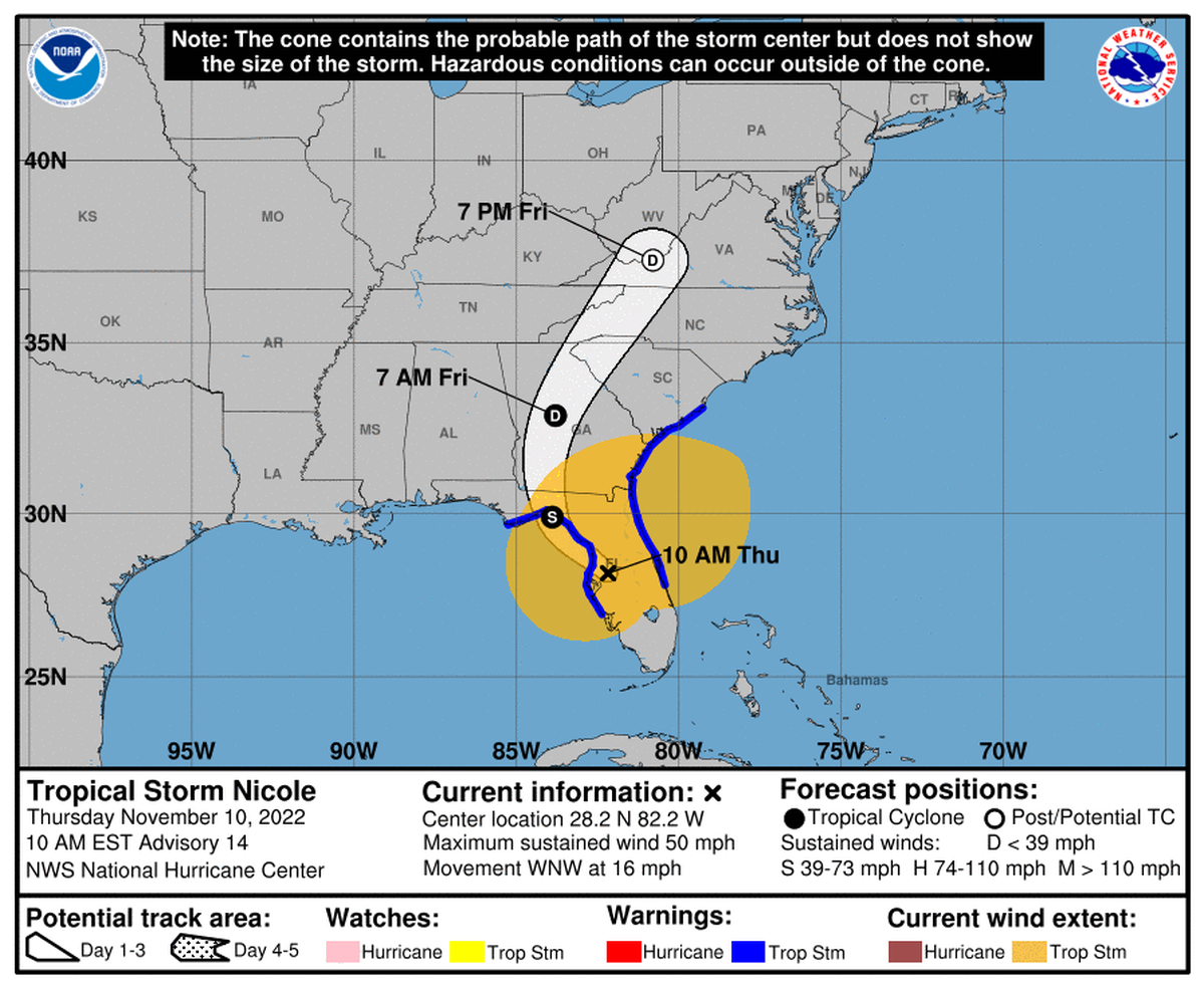 Forecast cone for Tropical Storm Nicole as of 10 a.m. Thursday