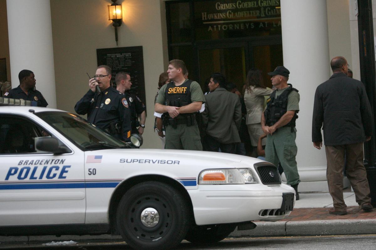 Surrounded by Manatee County Sheriff’s deputies and Bradenton Police Officers, family members of Orlando Valenzuela react after hearing the news that Valenzuela is convicted of 2nd degree murder at the end of his trial for the murder of Stacy Williams III at the Manatee County Courthouse in Bradenton.